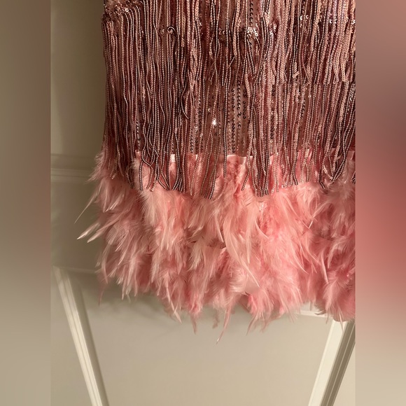 Women’s pink sequin fringe & feather party dress. Great condition. Barbi… - Picture 7 of 8